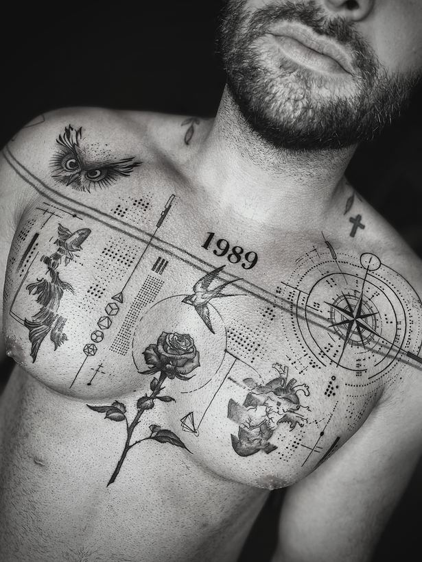 Chest piece: owl, compass, rose and 1989