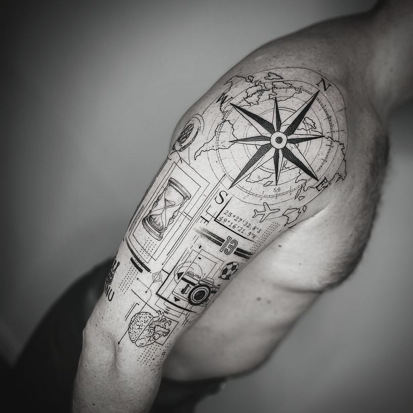 Compass, world map and coordinates