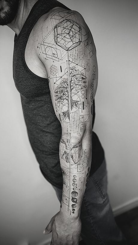 Full sleeve: tree, Vitruvian man and binary code