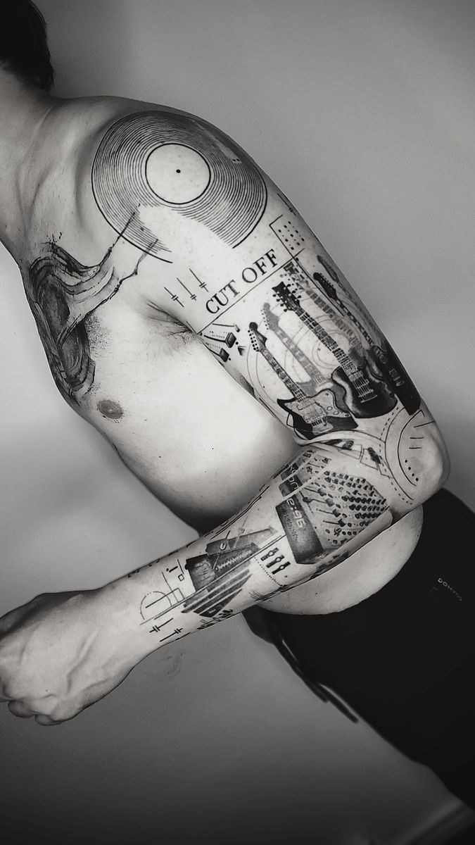 Music sleeve: vinyl, guitars and mixer