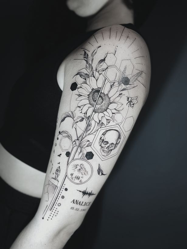 Sunflower, honeycomb and skull