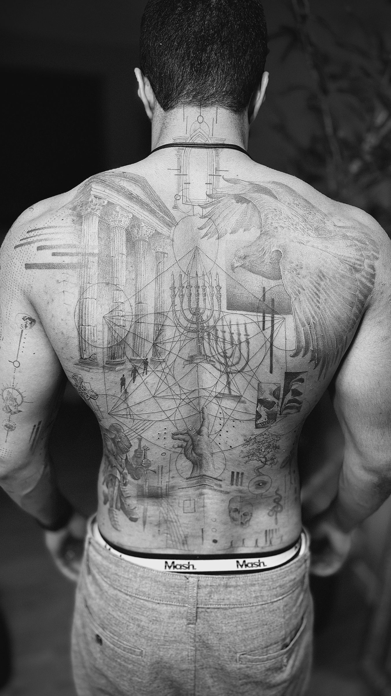 Back piece inspired by Ephesians 6: temple, menorah and eagle