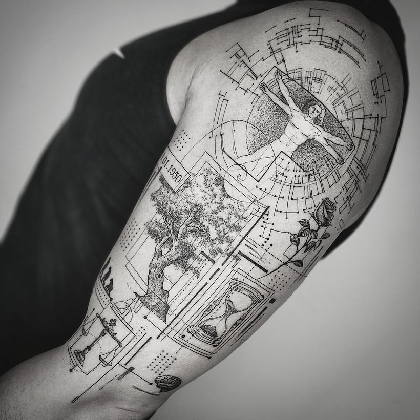 Vitruvian man, tree and hourglass
